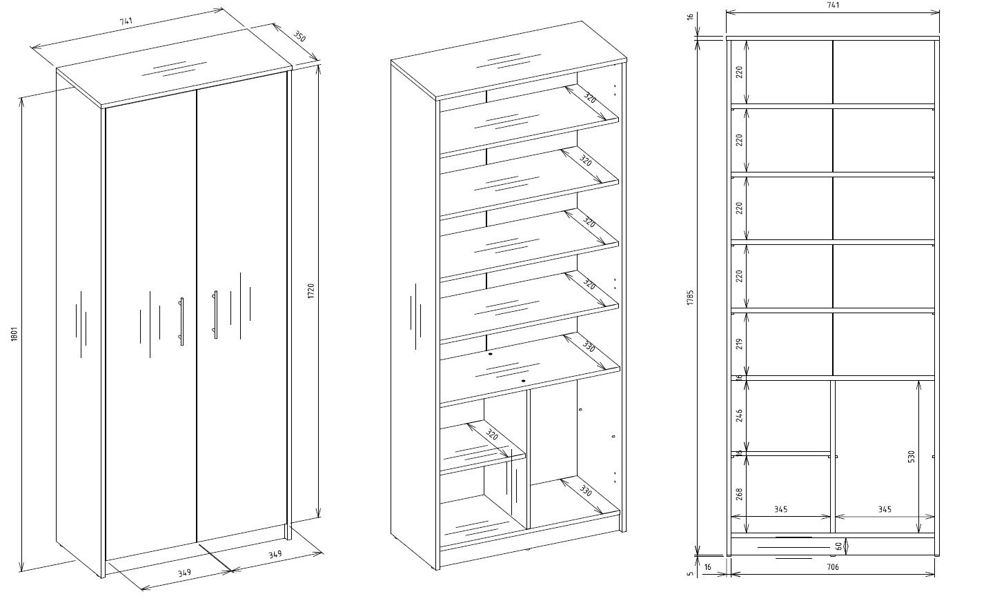 Productafmetingen Rek OLIV 2D 2 – Artisan eiken / Wit – 2 deuren