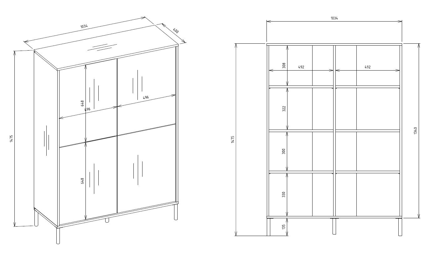 Productafmetingen Vitrinekast KAMARO 4DK SLIM/GADKI – Artisan eiken – 4 deuren – geribbeld front