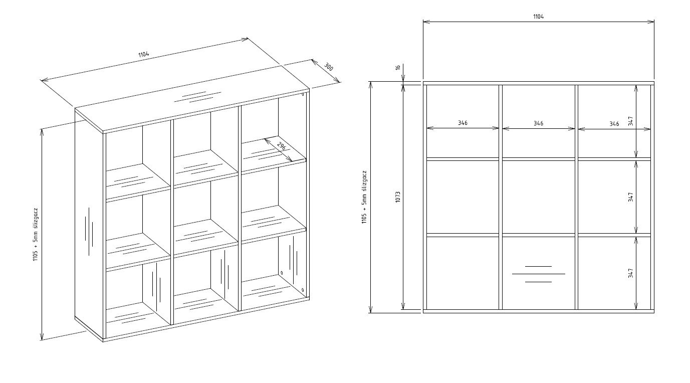 Productafmetingen Rek MALAX 3×3 H – 110 × 110 cm – Wit – 3 deuren