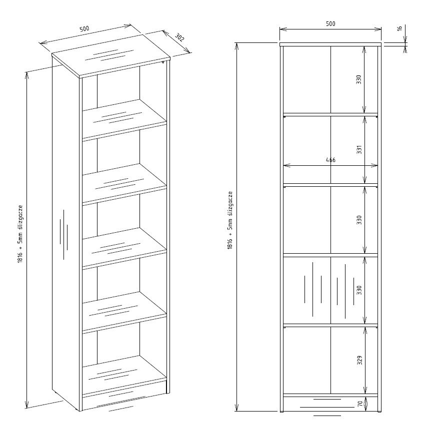 Productafmetingen Rek R50 – Artisan eiken / Zwart – 5 planken