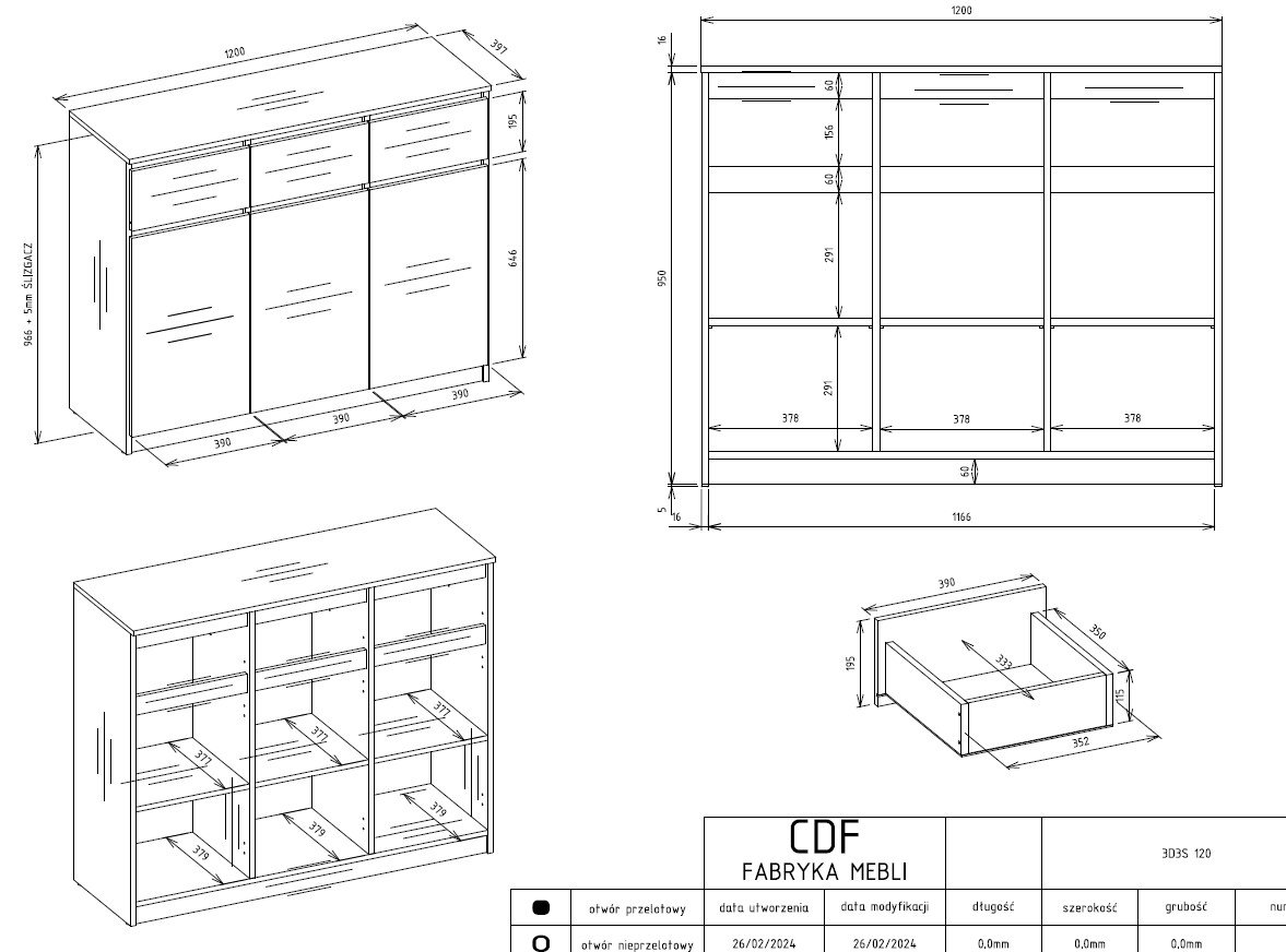 Productafmetingen Dressoir Malwa 3D3S – Antraciet / Artisan eiken