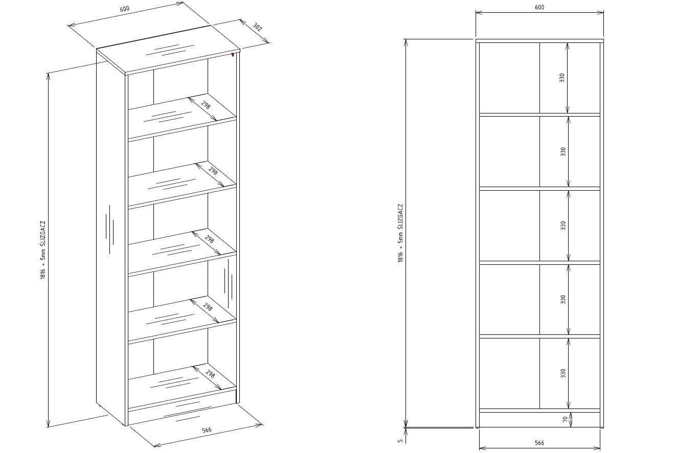 Productafmetingen Rek R60 – Artisan eiken / Zwart – 5 planken