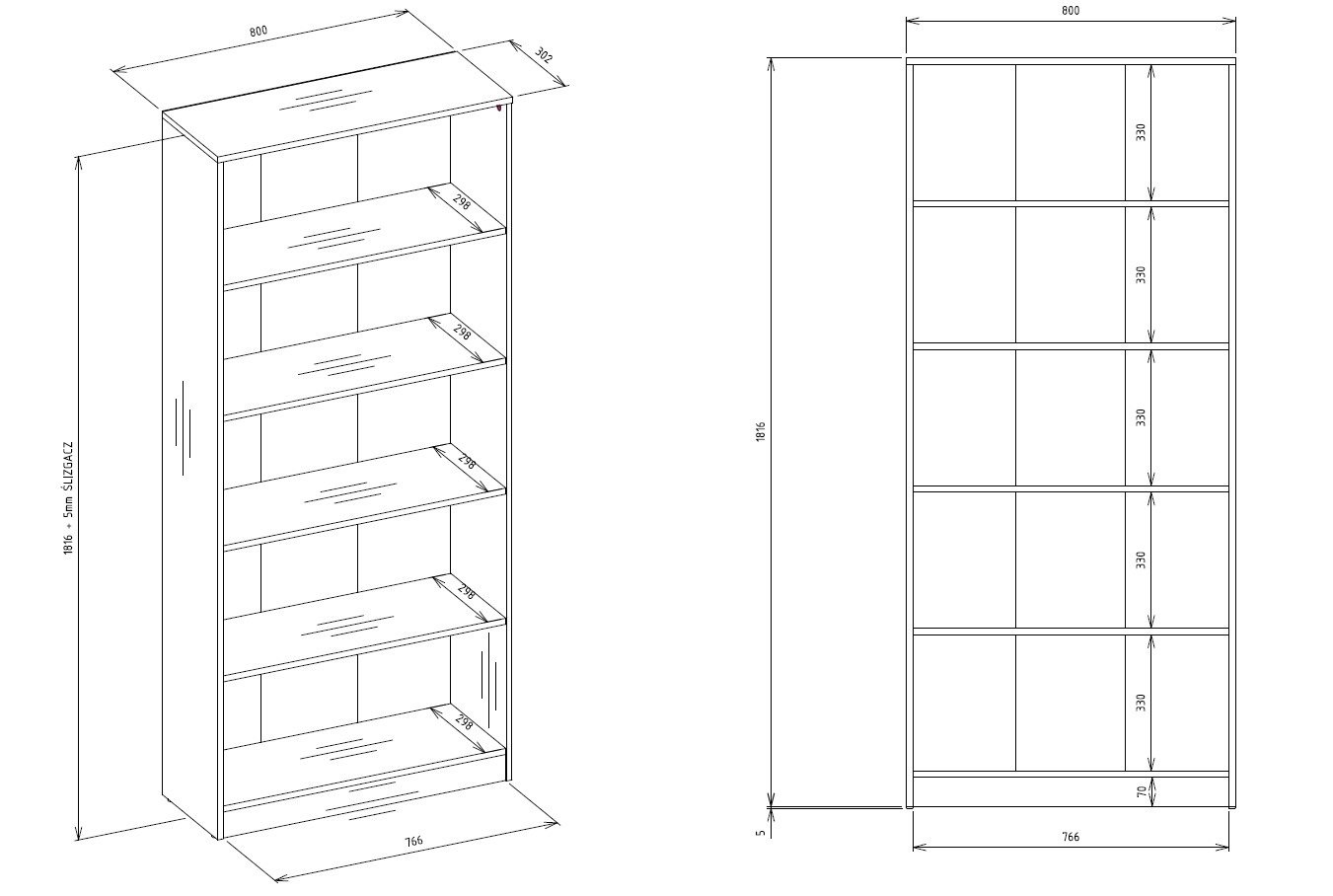 Productafmetingen Rek R80 – Artisan eiken / Zwart – 5 planken