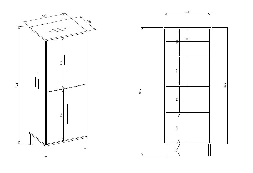 Productafmetingen Vitrinekast KAMARO 2DK SLIM/GADKI – Artisan eiken – geribbeld front