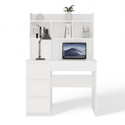 1 Bureau MIJAS – Mat wit / Wit – 4 laden – 4 planken – links – met opzetstuk