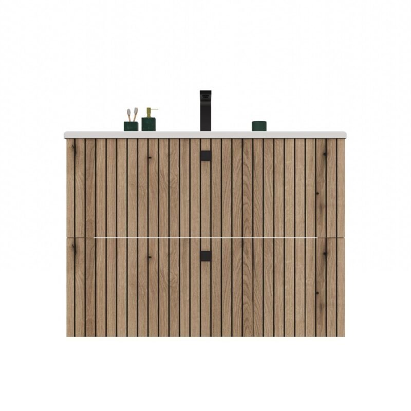 Wastafelmeubel TIGO 80 2S – Evoke eiken – geribbeld front – met wastafel