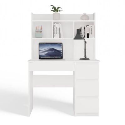 Bureau MIJAS – Mat wit / Wit – 4 laden – 4 planken – rechts – met opzetstuk