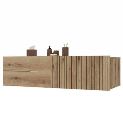 11111MINI Wastafelmeubel TIGO 1D2S – 140 cm – Evoke eiken – 2 laden – hangend – geribbeld front – met wastafel