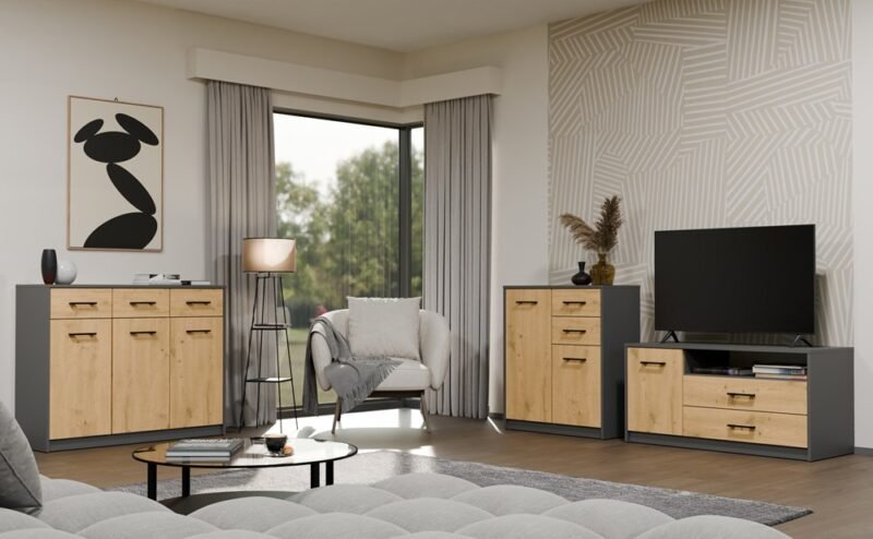 11K TV-meubel SIMPLO 1D2S Stolik TV – Artisan eiken / Antraciet – 2 laden – 1 deur