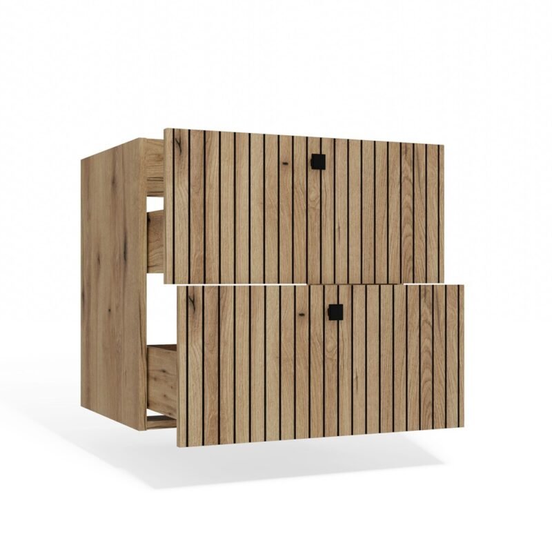 Wastafelmeubel TIGO 60 2S – Evoke eiken – 2 laden – hangend – geribbeld front – met wastafel