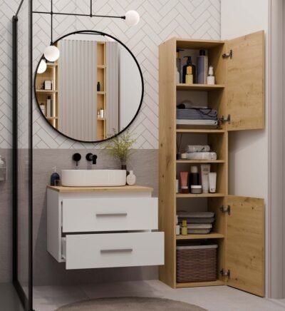 Wastafelmeubel NEL 60 – Artisan eiken / Wit – 2 laden – hangend – met wastafel