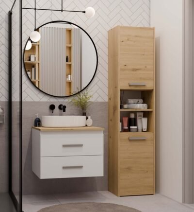 Wastafelmeubel NEL 60 – Artisan eiken / Wit – 2 laden – hangend – met wastafel
