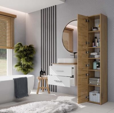 Wastafelmeubel NEL 60 – Artisan eiken / Wit – 2 laden – hangend – met wastafel