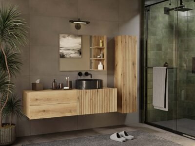 1D2SWIZUALIZACJA4 Wastafelmeubel TIGO 1D2S – 140 cm – Evoke eiken – 2 laden – hangend – geribbeld front – met wastafel