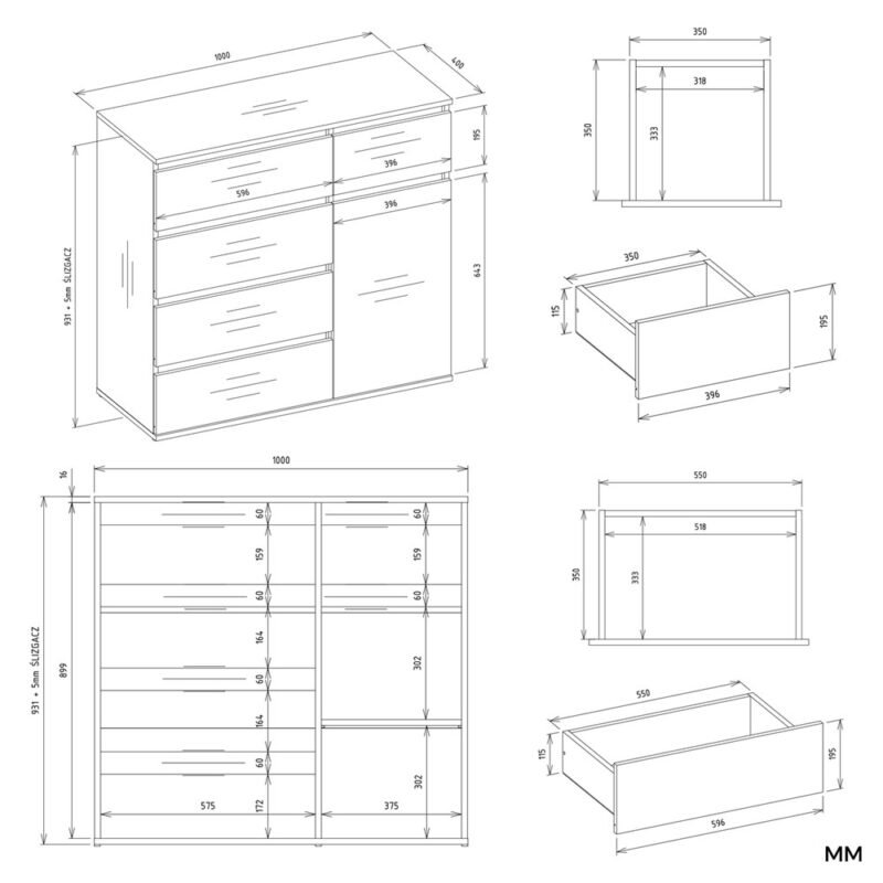 1D5SWYMIARY Dressoir 1D5S – Artisan eiken – 5 laden – 1 deur
