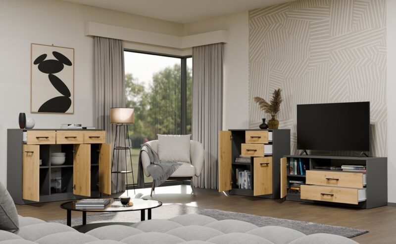 Dressoir SIMPLO 2D2S – Artisan eiken / Antraciet – 2 laden – 2 deuren