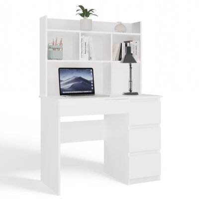Bureau MIJAS – Mat wit / Wit – 4 laden – 4 planken – rechts – met opzetstuk