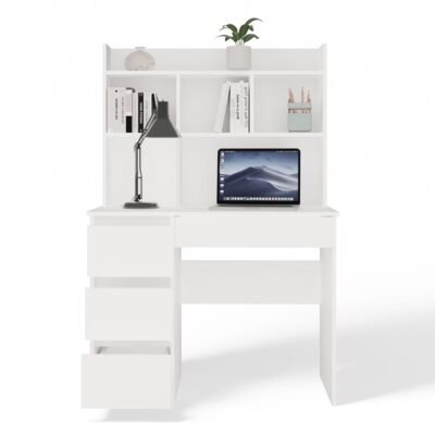 3 Bureau MIJAS – Mat wit / Wit – 4 laden – 4 planken – links – met opzetstuk