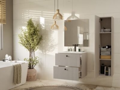 3 Wastafelmeubel TIGO 60 2S – Kasjmier – geribbeld front – met wastafel