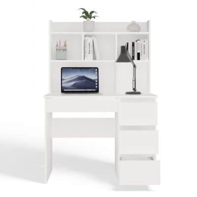 Bureau MIJAS – Mat wit / Wit – 4 laden – 4 planken – rechts – met opzetstuk