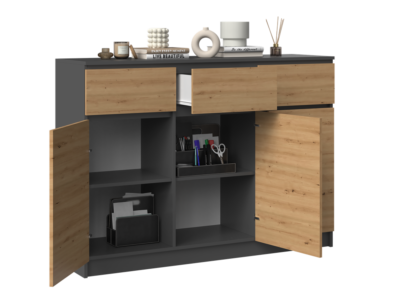 3D3S-KOMODA_o Dressoir Malwa 3D3S – Antraciet / Artisan eiken