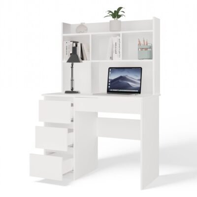 4 Bureau MIJAS – Mat wit / Wit – 4 laden – 4 planken – links – met opzetstuk