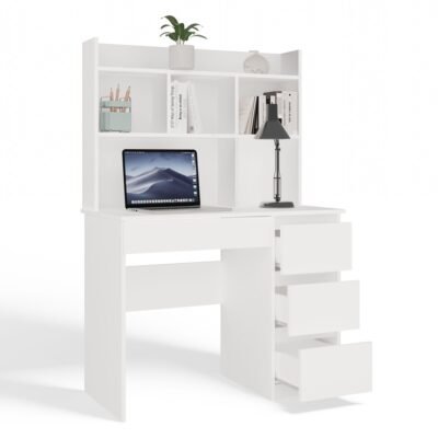 Bureau MIJAS – Mat wit / Wit – 4 laden – 4 planken – rechts – met opzetstuk