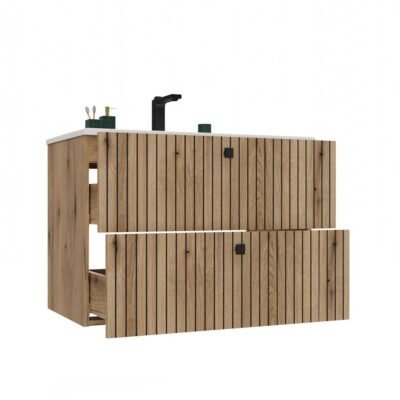 4 Wastafelmeubel TIGO 80 2S – Evoke eiken – geribbeld front – met wastafel