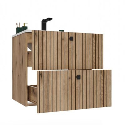 Wastafelmeubel TIGO 60 2S – Evoke eiken – geribbeld front – met wastafel