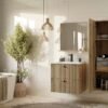 602SWIZUALIZACJA2 Wastafelmeubel TIGO 60 2S – Evoke eiken – 2 laden – hangend – geribbeld front – met wastafel