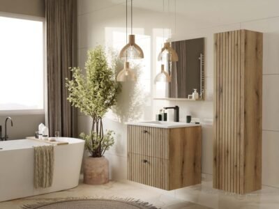 602SWIZUALIZACJA4 Wastafelmeubel TIGO 60 2S – Evoke eiken – 2 laden – hangend – geribbeld front – met wastafel
