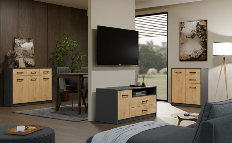 7 TV-meubel SIMPLO 1D2S Stolik TV – Artisan eiken / Antraciet – 2 laden – 1 deur