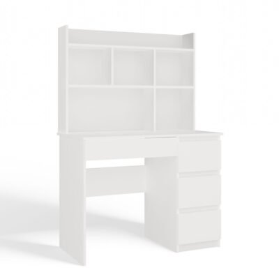 Bureau MIJAS – Mat wit / Wit – 4 laden – 4 planken – rechts – met opzetstuk