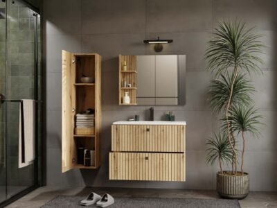 802SWIZUALIZACJA1 Wastafelmeubel TIGO 80 2S – Evoke eiken – geribbeld front – met wastafel