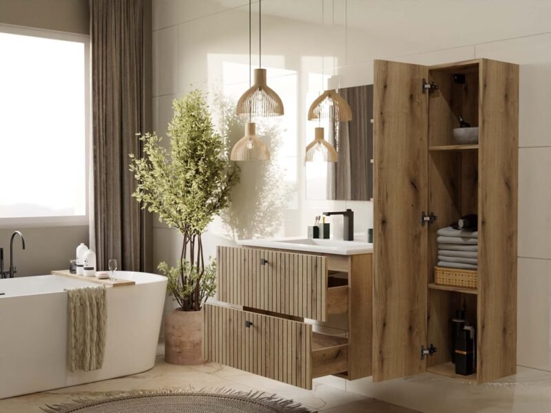 Wastafelmeubel TIGO 80 2S – Evoke eiken – geribbeld front – met wastafel
