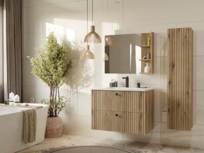 802SWIZUALIZACJA4 Wastafelmeubel TIGO 80 2S – Evoke eiken – geribbeld front – met wastafel