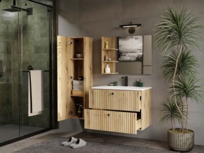 802SWIZUALIZACJA6 Wastafelmeubel TIGO 80 2S – Evoke eiken – geribbeld front – met wastafel