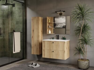 802SWIZUALIZACJA7 Wastafelmeubel TIGO 80 2S – Evoke eiken – geribbeld front – met wastafel