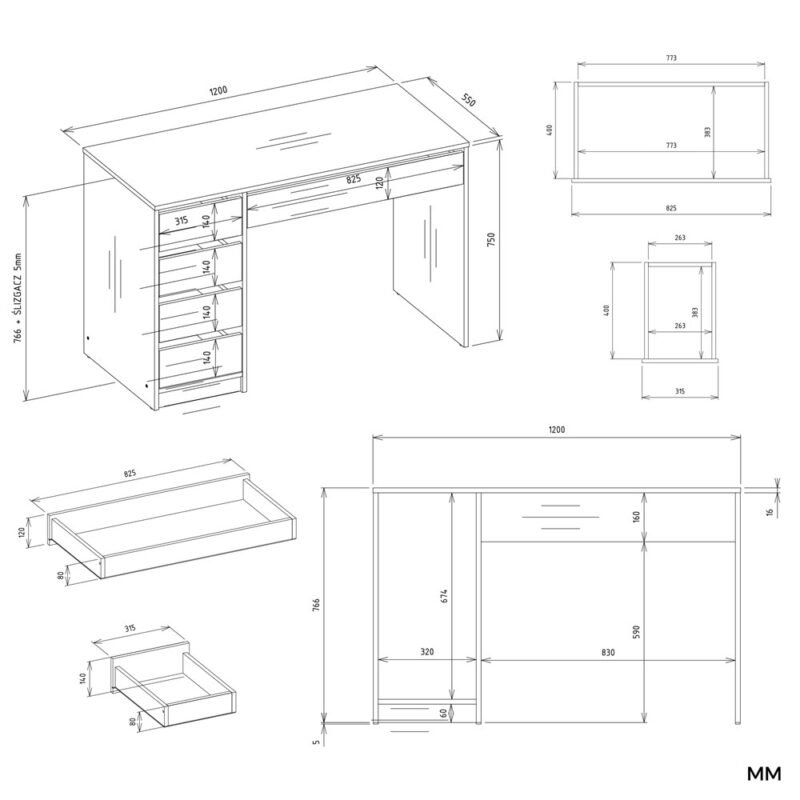 ARTOBIURKOWymiary Bureau ARTO – 120 cm – Wit – 5 laden