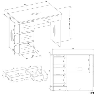 BIURKOMIJASLEWEWymiary Bureau MIJAS – Mat wit / Wit – 4 laden – 4 planken – links – met opzetstuk