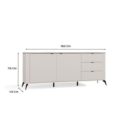 CORDOBA2D3SWymiary Dressoir CORDOBA 2D3S – Castello eiken / Kasjmier beige – 3 laden – soft-close