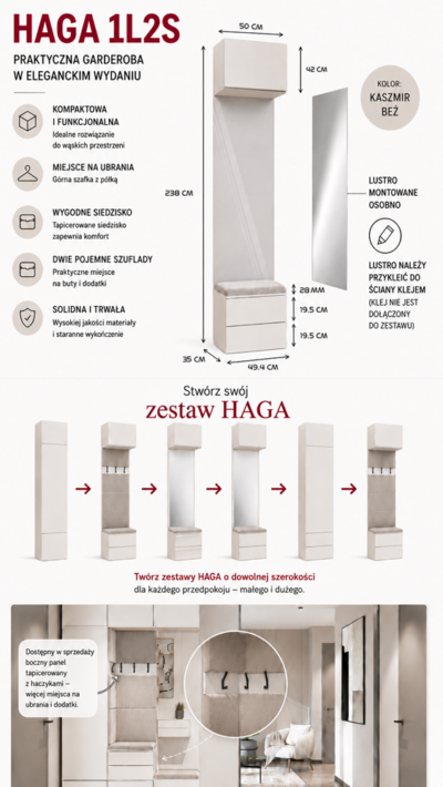Garderobemeubel HAGA 1L2S – 238 × 50 × 35 cm – Kasjmier beige – 2 laden
