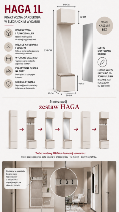 HAGA1Linfografika Garderobemeubel HAGA 1L – 238 × 50 × 35 cm – Kasjmier beige