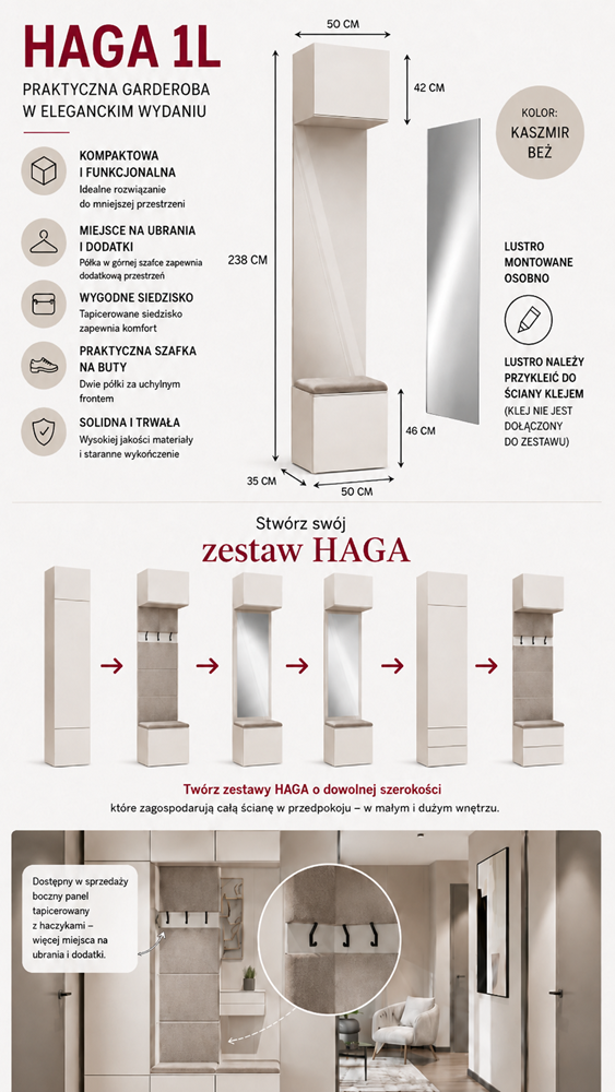 HAGA1Linfografika Garderobemeubel HAGA 1L – 238 × 50 × 35 cm – Kasjmier beige