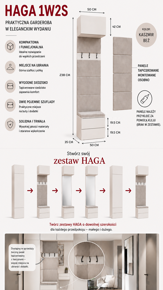 Garderobemeubel HAGA 1W2S – Kasjmier beige – 2 laden