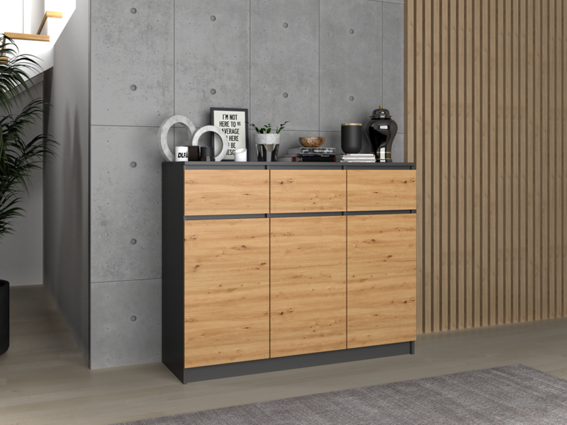 I_3D3S-KOMODA_ Dressoir Malwa 3D3S – Antraciet / Artisan eiken