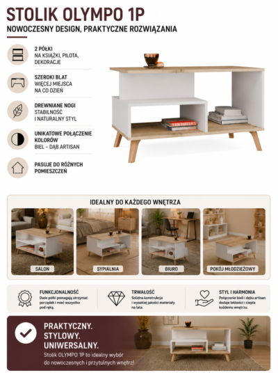 Tafel OLYMPO 1P – 90 × 49 × 48 cm – Artisan eiken / Wit