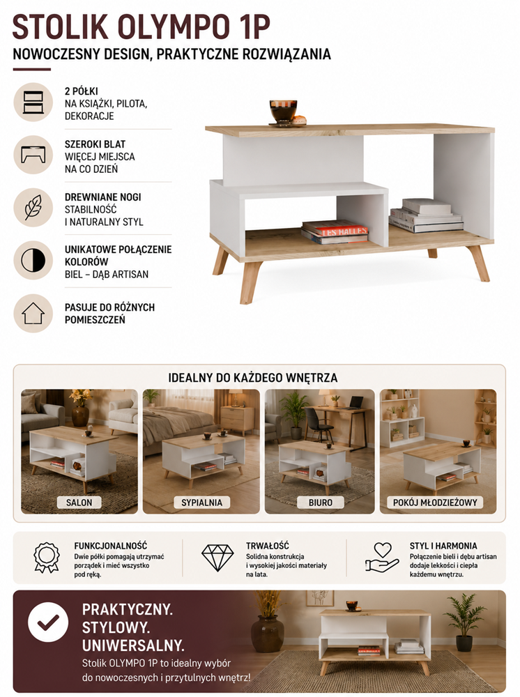 Tafel OLYMPO 1P – 90 × 49 × 48 cm – Artisan eiken / Wit