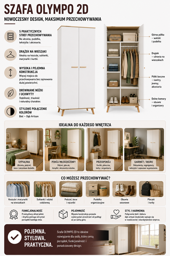 Kledingkast Ubraniowa OLYMPO 2D – 80 cm – Artisan eiken / Wit – 2 deuren