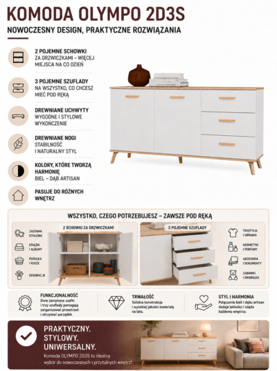 InfografikaOlympo2D3S Dressoir OLYMPO 2D3S – 150 cm – Artisan eiken / Wit – 3 laden – 2 deuren